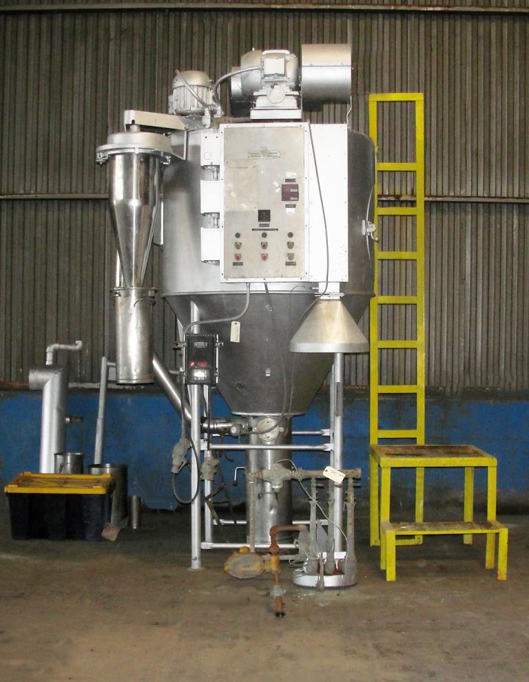 ***SOLD***used Niro Spray Dryer Model V, with a centrifugal atomizer and mixed flow two fluid nozzle atomizer. Single or two point product discharge. Equiped with a FU11-DA spray wheel atomizer and spray nozzle that may be installed to spray up from the cone. Counter/CoCurrent (Mixed Flow) Drying. Stainless steel chamber and contact parts, painted carbon steel insulation cover. The chamber is 47